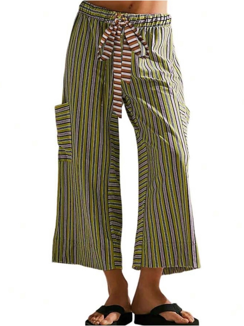 Striped Wide-Leg Drawstring Pants in Olive and Purple. Size Medium